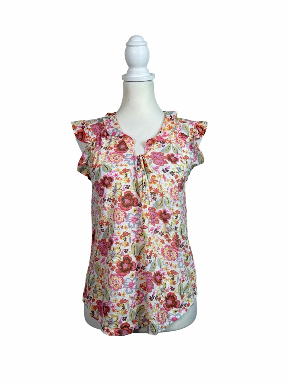 Lucky Brand Small Floral Flutter Sleeve Tie Neck Blouse White Pink Boho Top
